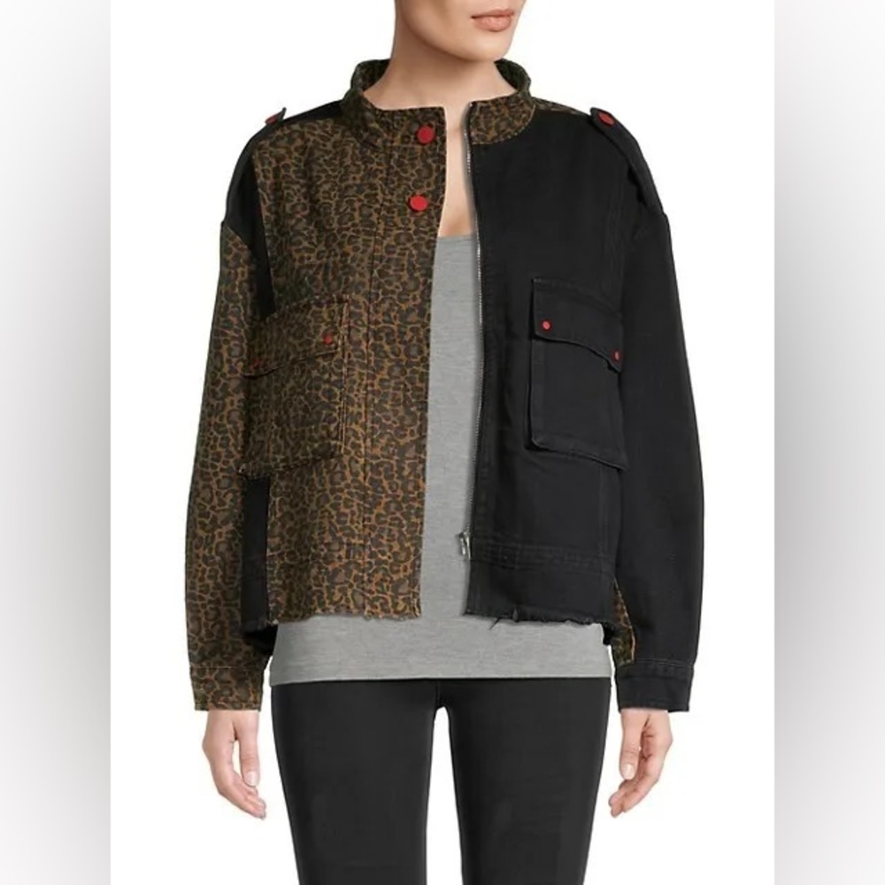 Saks Fifth Avenue Lea & Viola Leopard Denim Jacket Large Black Brown